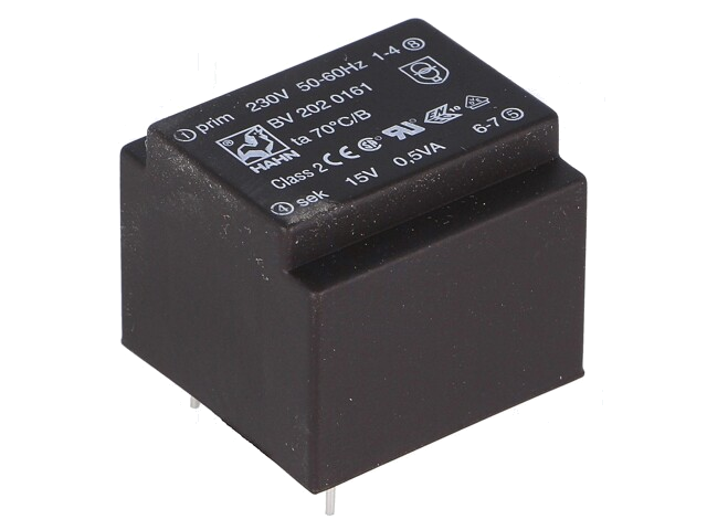 Transformator: ingegoten; 0,5VA; 230VAC; 15V; 33mA; PCB; BV Transformator: ingegoten; 0,5VA; 230VAC; 15V; 33mA; PCB; BV